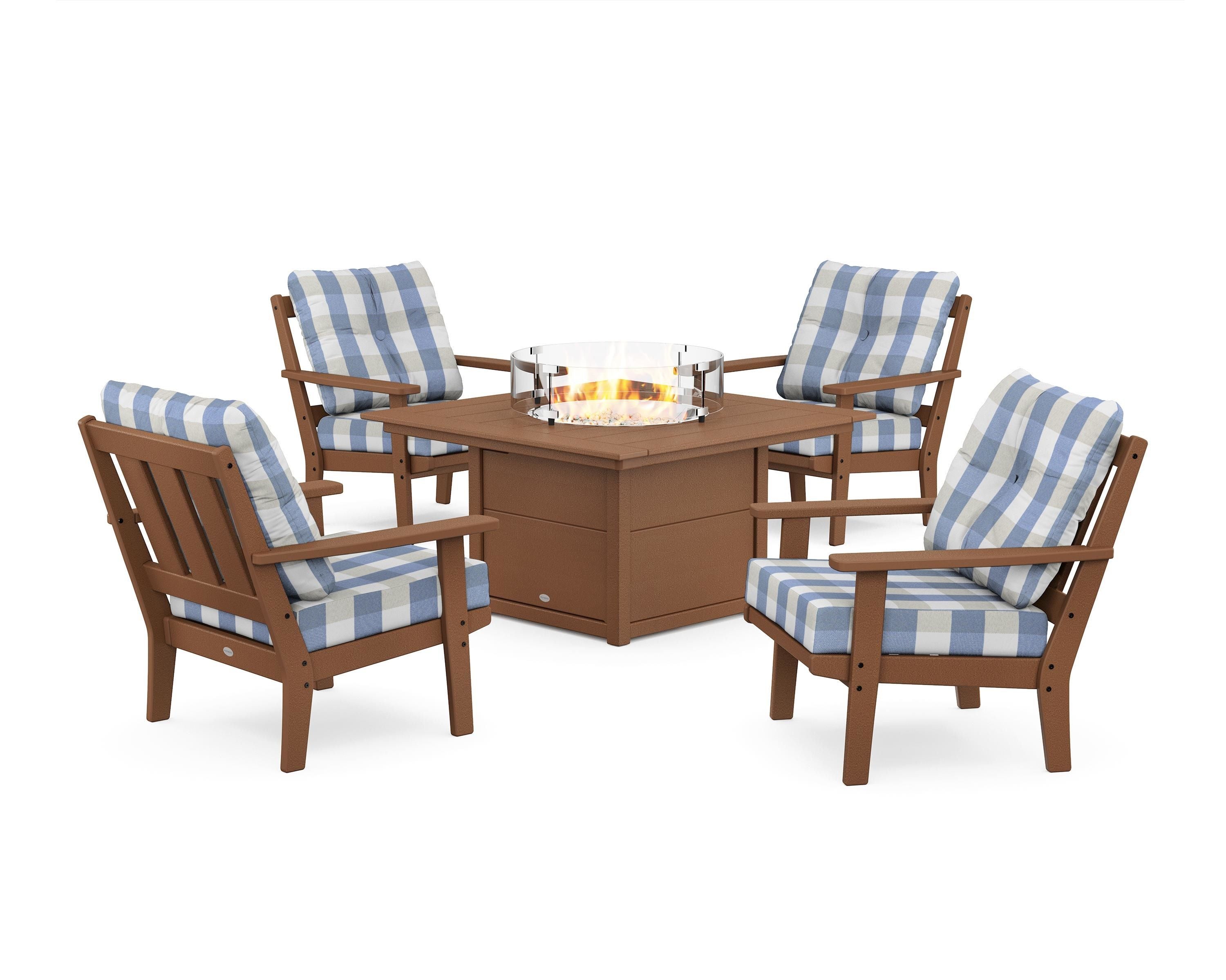 POLYWOOD® Oxford 5-Piece Deep Seating Set with Fire Pit Table in Teak / Buffalo Plaid Sky Blue
