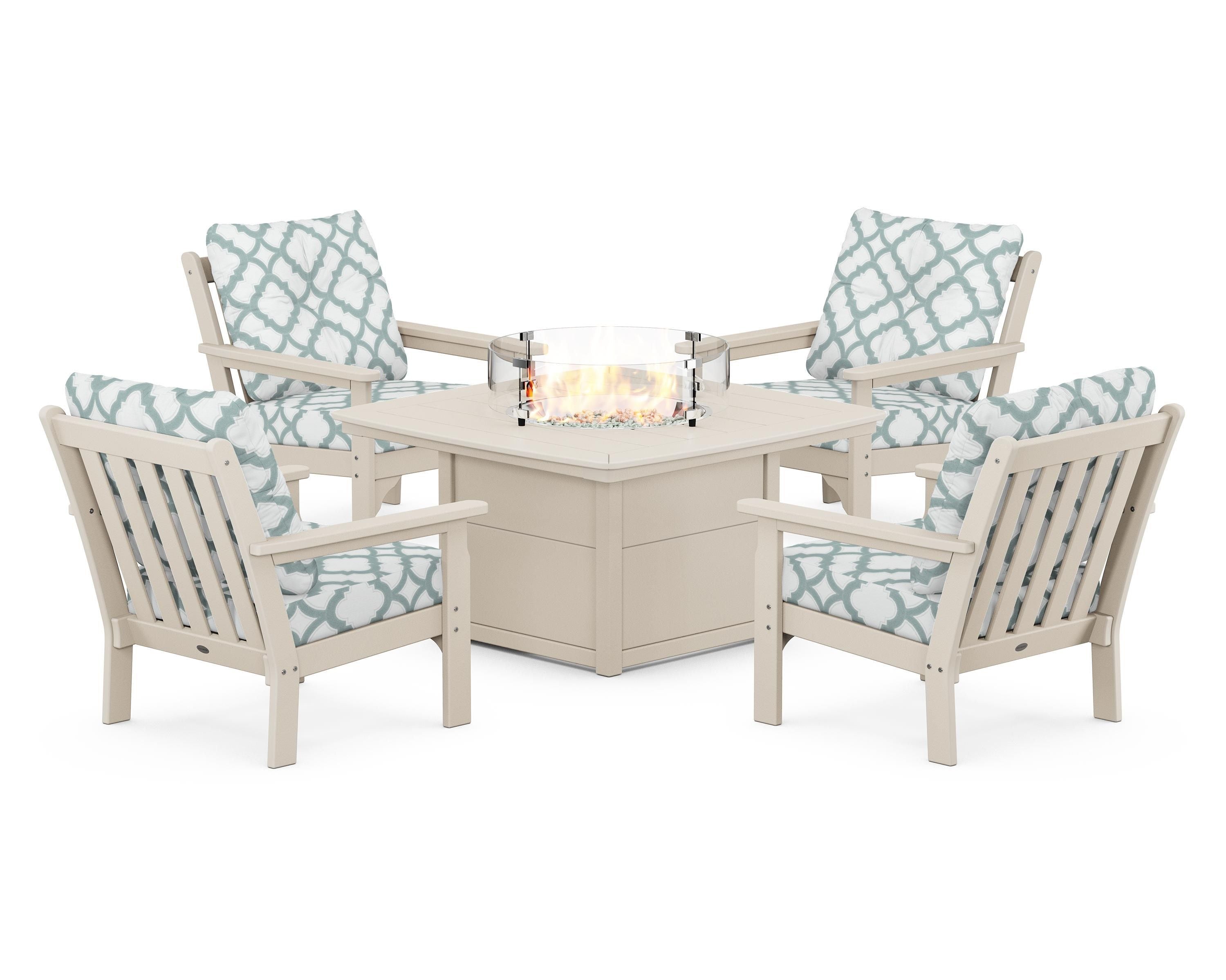 POLYWOOD® Vineyard 5-Piece Conversation Set with Fire Pit Table in Sand / Trellis Glacier Spa