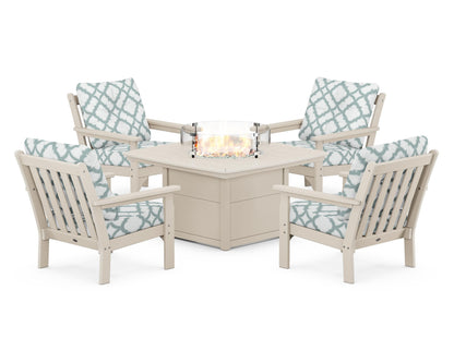 POLYWOOD® Vineyard 5-Piece Conversation Set with Fire Pit Table in Sand / Trellis Glacier Spa