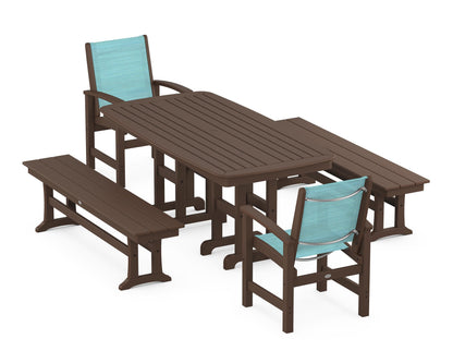 POLYWOOD® Coastal 5-Piece Dining Set in Mahogany / Dupioni Aquamarine Sling