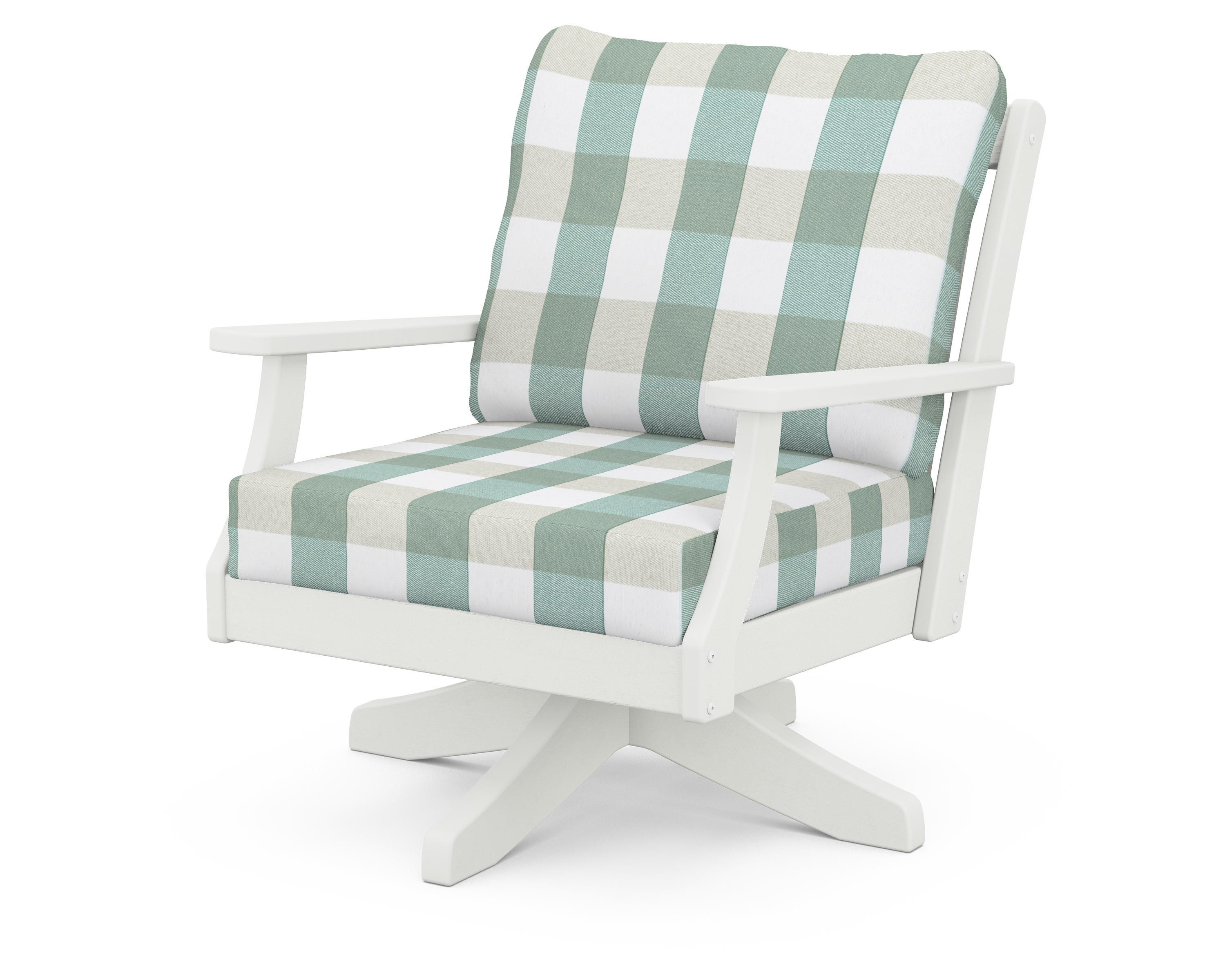 POLYWOOD® Braxton Deep Seating Swivel Chair in Vintage White / Buffalo Plaid Glacier Spa