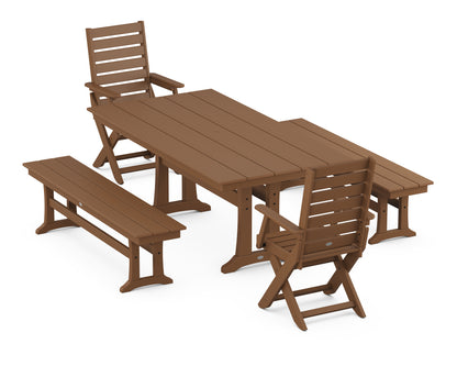 POLYWOOD® Captain Folding Chair 5-Piece Farmhouse Dining Set With Trestle Legs in Teak