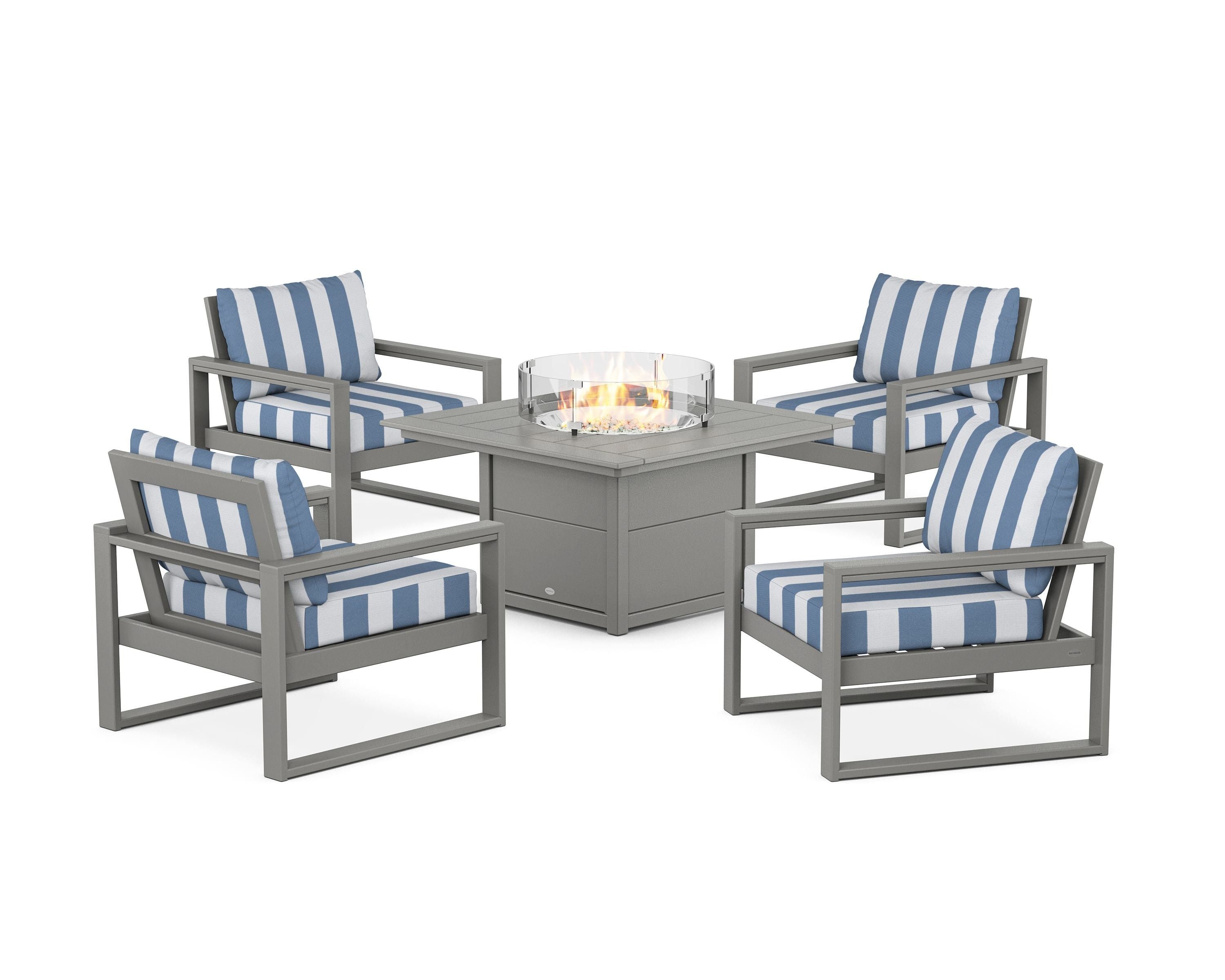 POLYWOOD® EDGE Sectional 5-Piece Deep Seating Set with Fire Pit Table in Slate Grey / Cabana Stripe Sky Blue