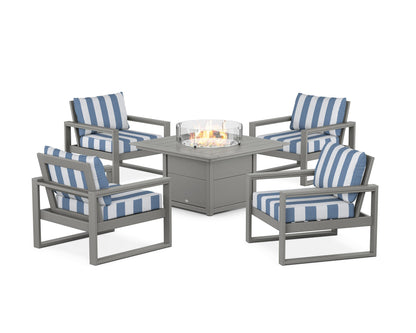 POLYWOOD® EDGE Sectional 5-Piece Deep Seating Set with Fire Pit Table in Slate Grey / Cabana Stripe Sky Blue