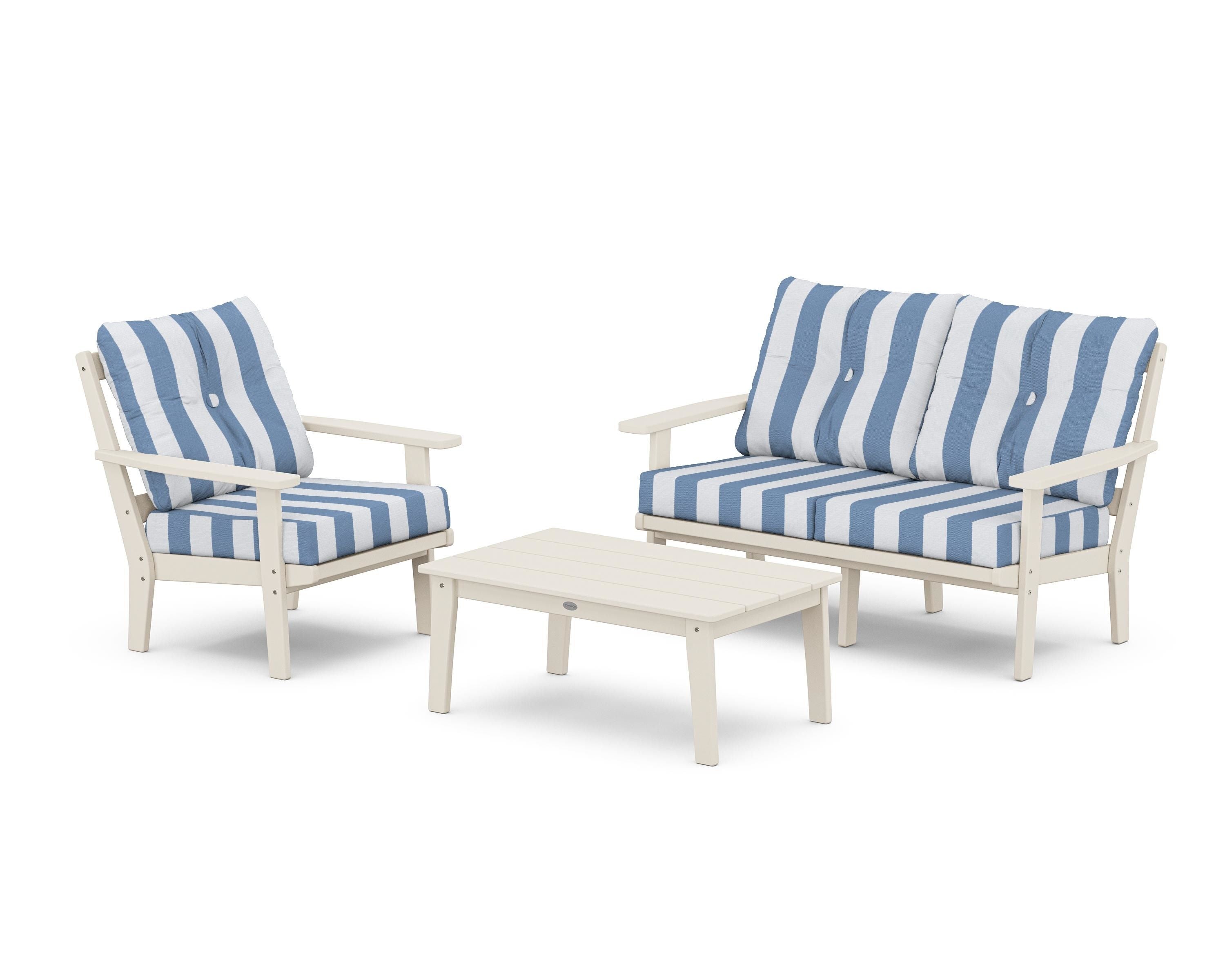 POLYWOOD® Prairie 3-Piece Deep Seating Set with Loveseat in Sand / Cabana Stripe Sky Blue