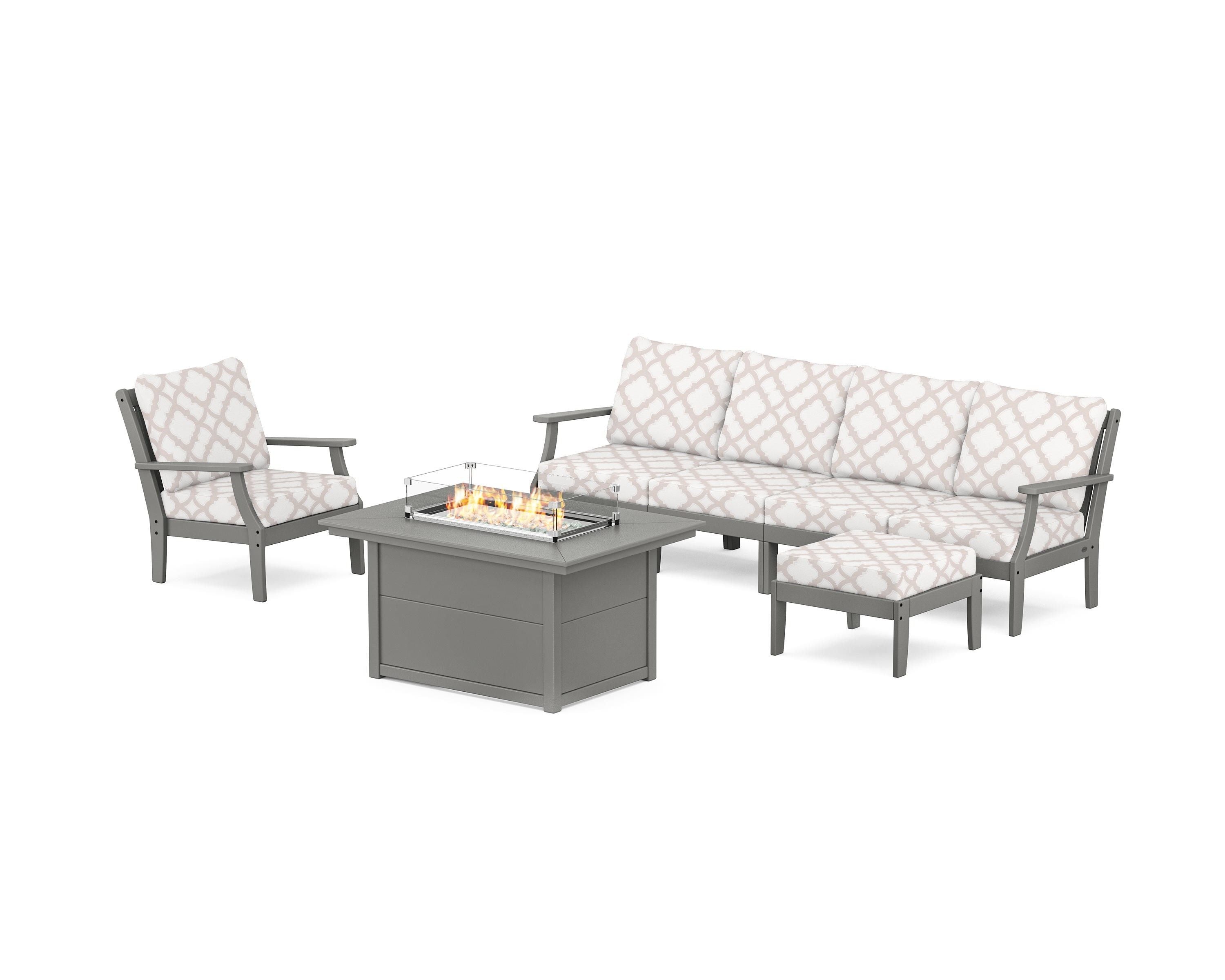 POLYWOOD® Braxton Sectional Lounge and Fire Pit Set in Slate Grey / Trellis Dune Burlap