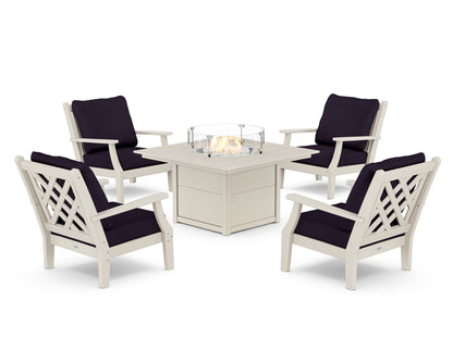 Country Living Wovendale 5-Piece Deep Seating Set with Fire Pit Table in Sand / Navy Linen