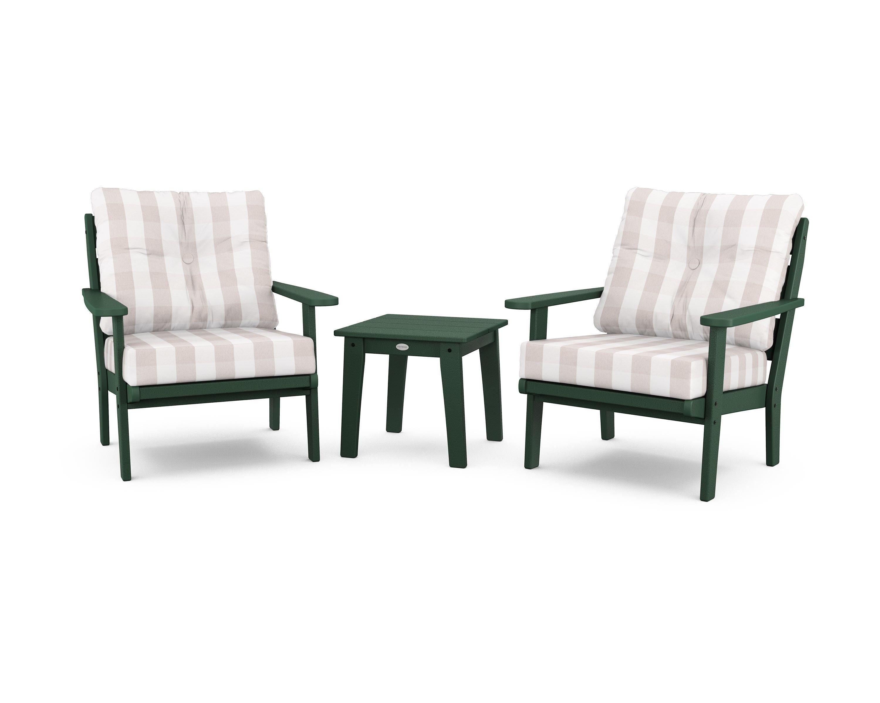 POLYWOOD® Lakeside 3-Piece Deep Seating Chair Set in Green / Buffalo Plaid Dune Burlap