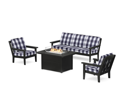 Country Living Cottage Deep Seating Fire Pit Table Set in Black / Buffalo Plaid Navy