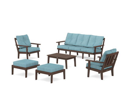 POLYWOOD® Oxford 6-Piece Lounge Sofa Set in Mahogany / Lattice Sky Blue