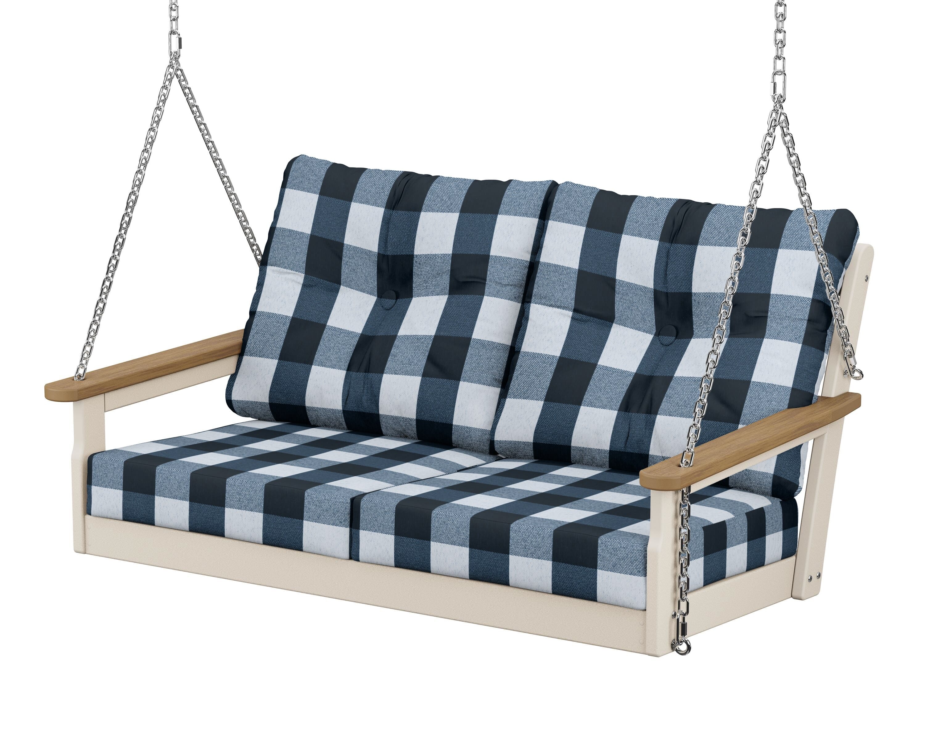 POLYWOOD® Vineyard Deep Seating Swing in Sand / Natural / Buffalo Plaid Marine Indigo
