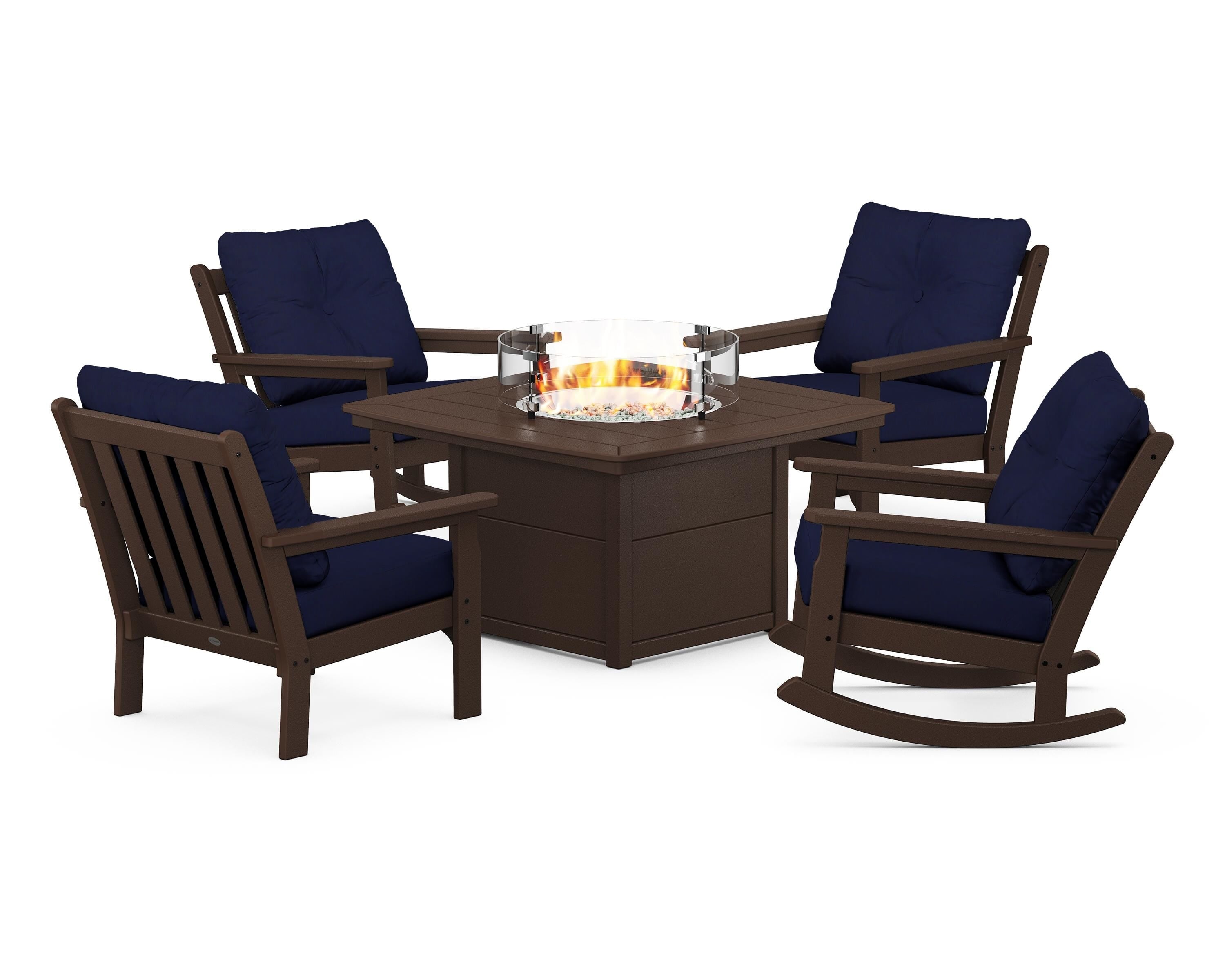 POLYWOOD® Vineyard 5-Piece Deep Seating Rocking Chair Conversation Set with Fire Pit Table in Mahogany / Navy