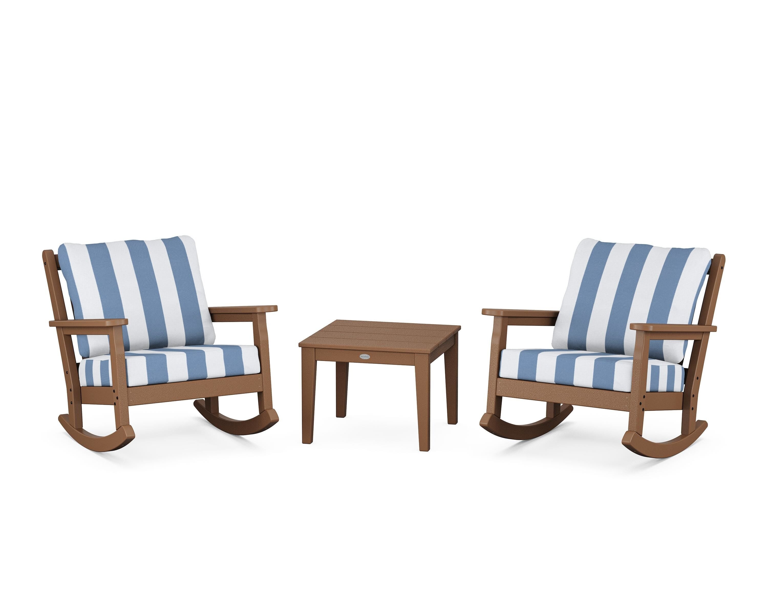 POLYWOOD® Chippendale 3-Piece Deep Seating Rocker Set in Teak / Cabana Stripe Sky Blue