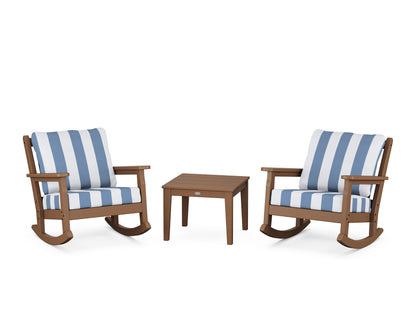 POLYWOOD® Chippendale 3-Piece Deep Seating Rocker Set in Teak / Cabana Stripe Sky Blue