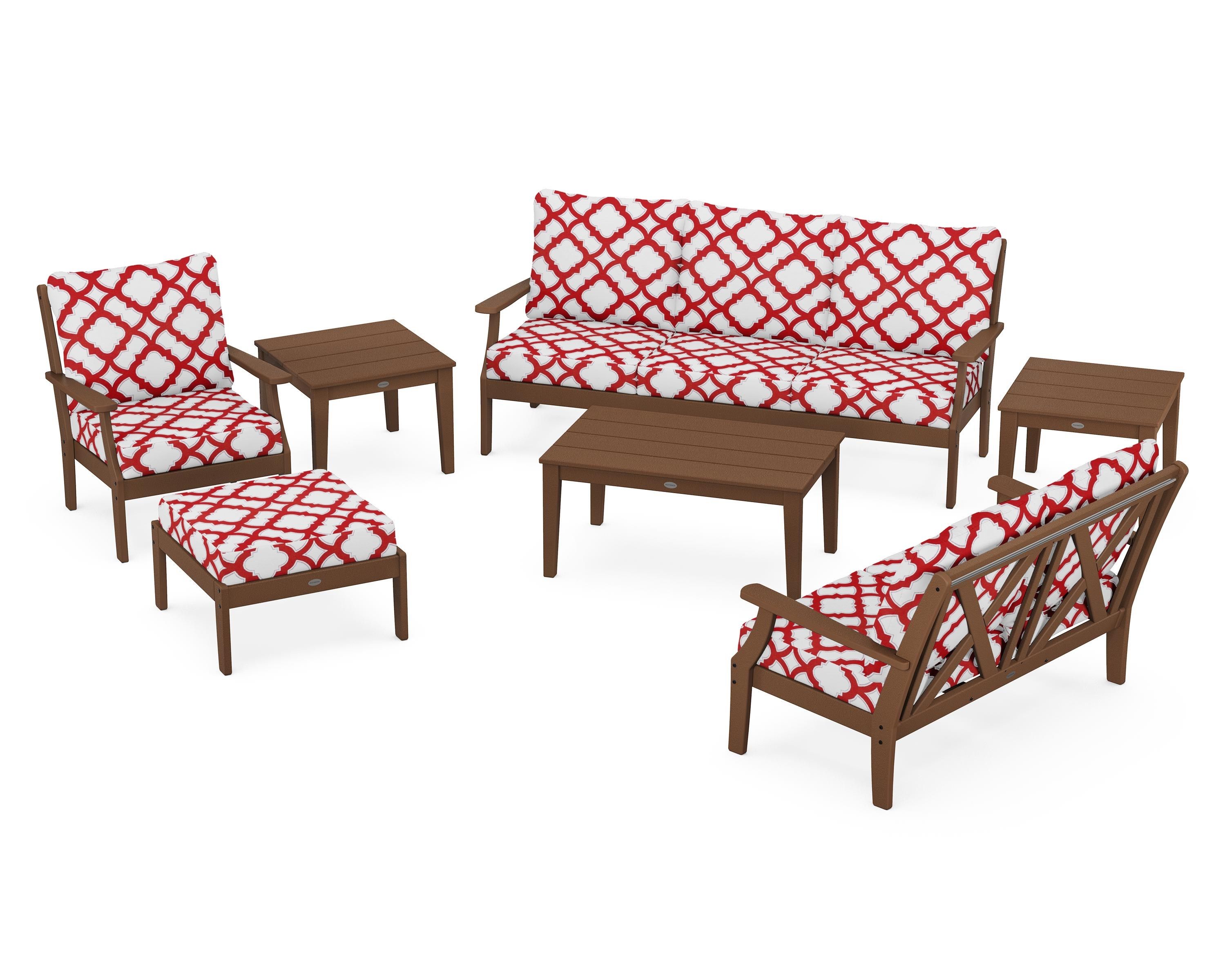 POLYWOOD® Braxton 7-Piece Deep Seating Set in Teak / Trellis Crimson