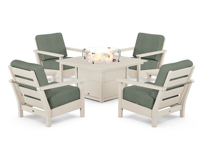 POLYWOOD® Harbour 5-Piece Conversation Set with Fire Pit Table in Sand / Cast Sage