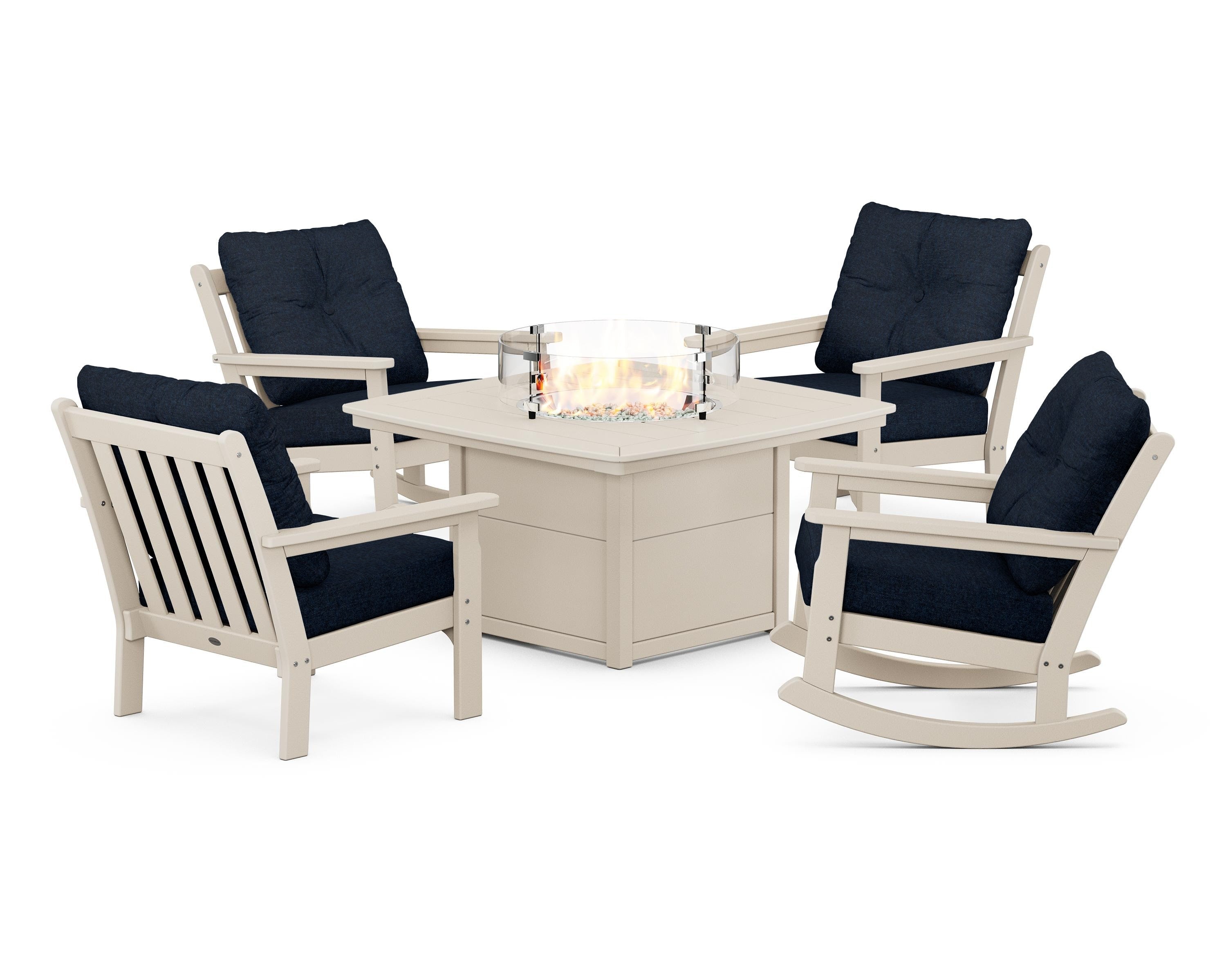 POLYWOOD® Vineyard 5-Piece Deep Seating Rocking Chair Conversation Set with Fire Pit Table in Sand / Marine Indigo