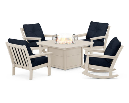 POLYWOOD® Vineyard 5-Piece Deep Seating Rocking Chair Conversation Set with Fire Pit Table in Sand / Marine Indigo