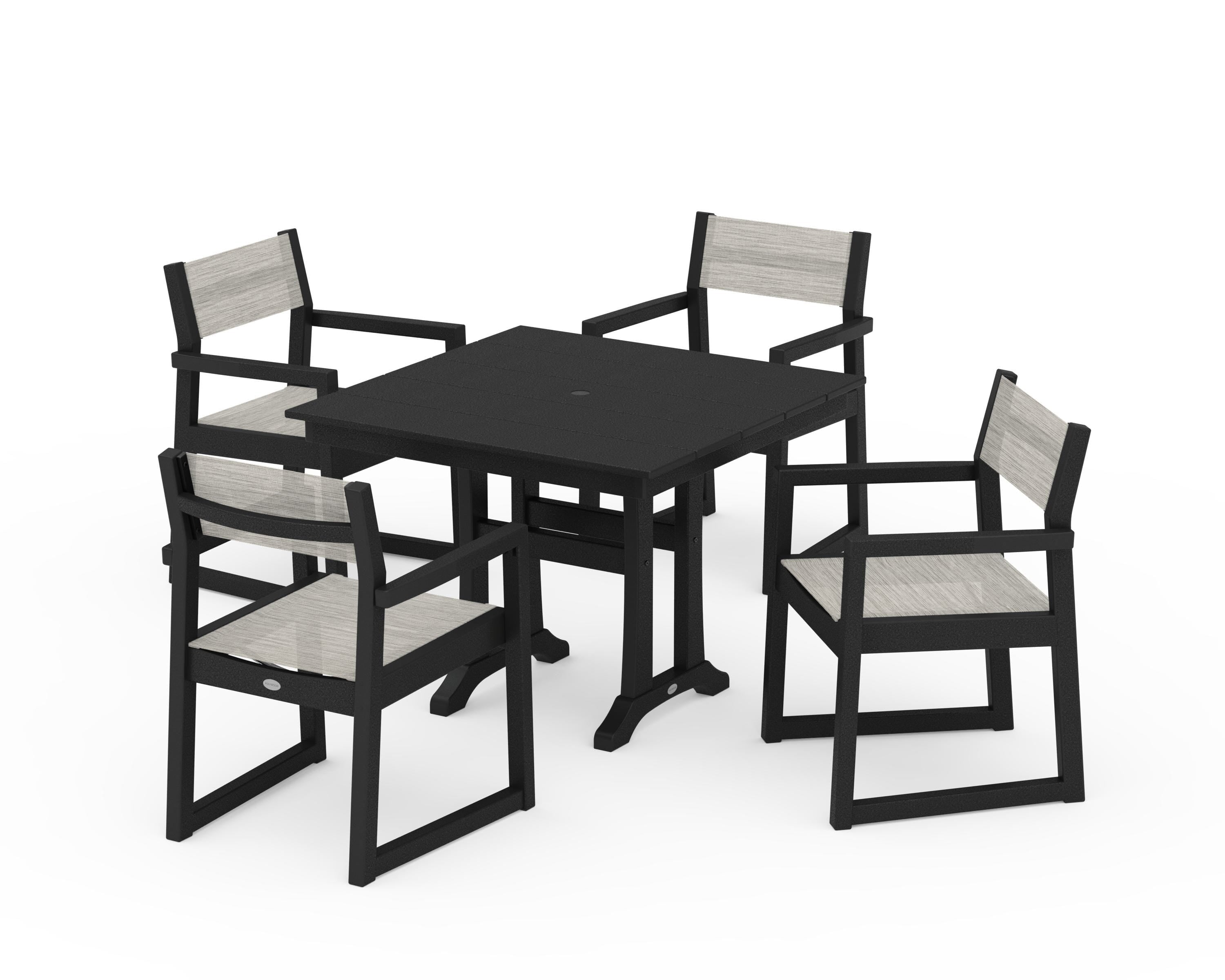 POLYWOOD® EDGE Sling 5-Piece Farmhouse Dining Set with Trestle Legs in Black / Birch Sling