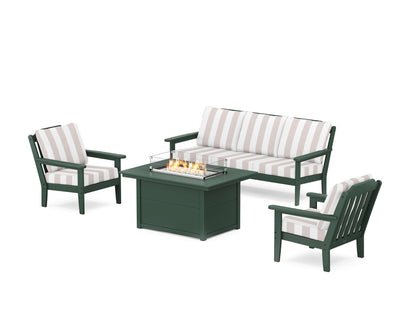 Country Living Cottage Deep Seating Fire Pit Table Set in Green / Cabana Stripe Dune Burlap