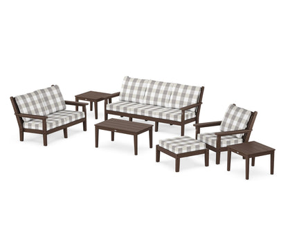 POLYWOOD® Chippendale 7-Piece Deep Seating Set in Mahogany / Buffalo Plaid Grey Mist