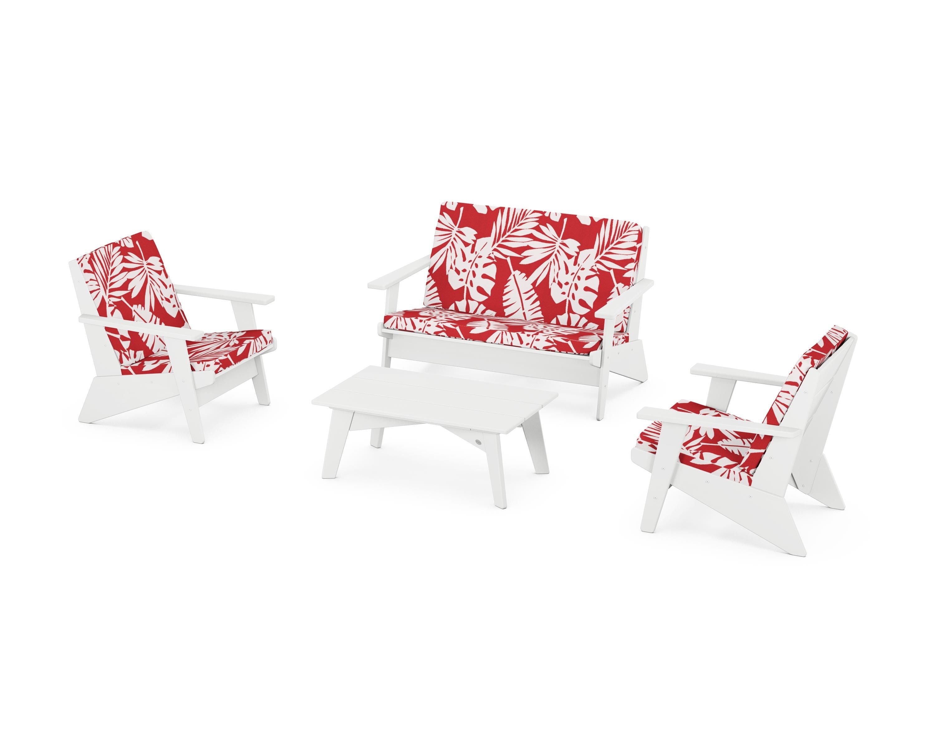 POLYWOOD® Riviera Modern Lounge 4-Piece Set in White / Leaf Crimson