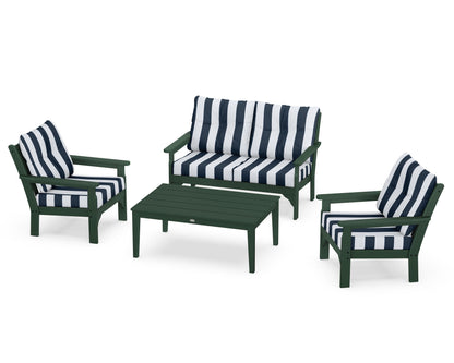 POLYWOOD® Vineyard 4-Piece Deep Seating Set in Green / Cabana Stripe Marine Indigo