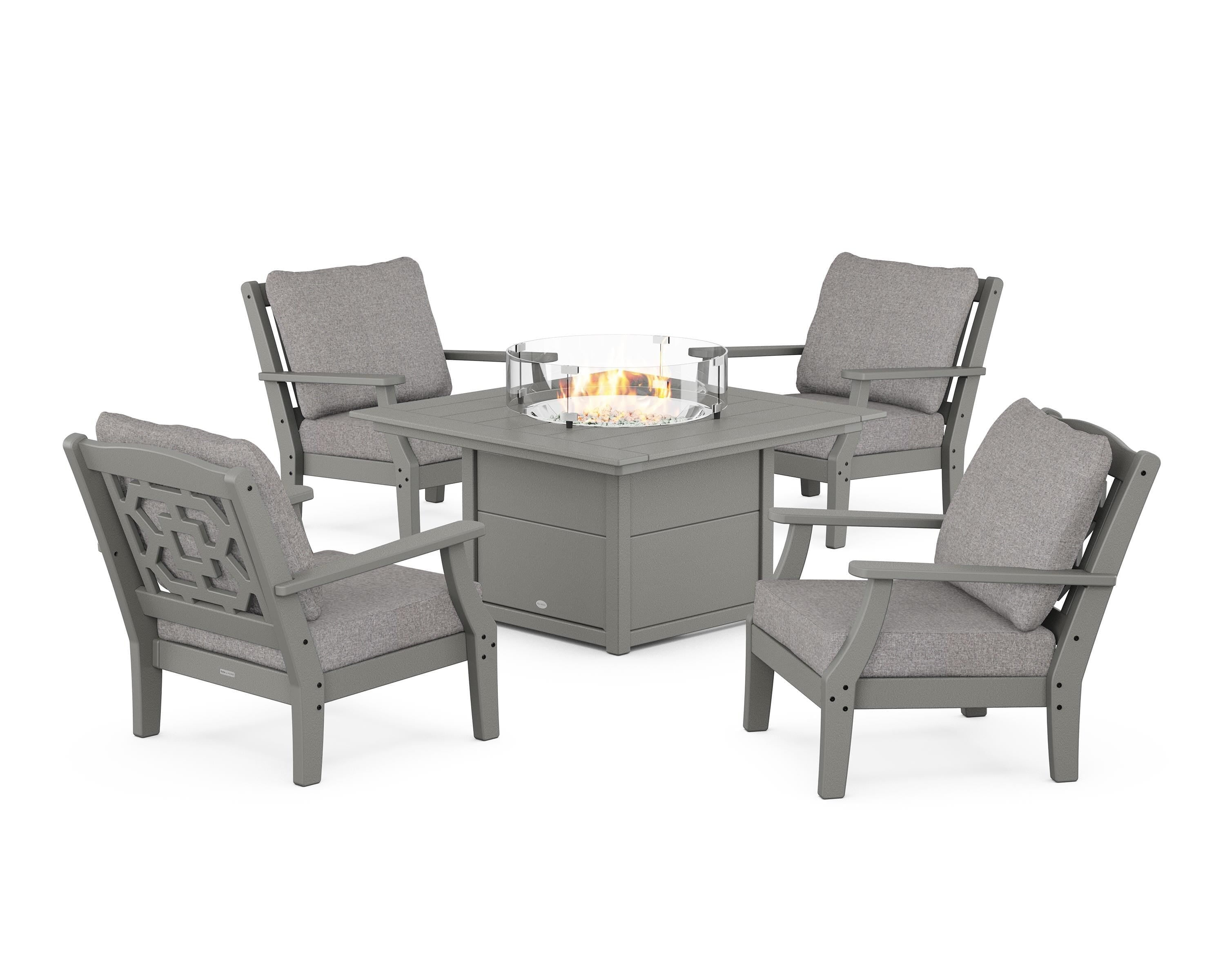 Martha Stewart by POLYWOOD® Chinoiserie 5-Piece Deep Seating Set with Fire Pit Table in Slate Grey / Grey Mist