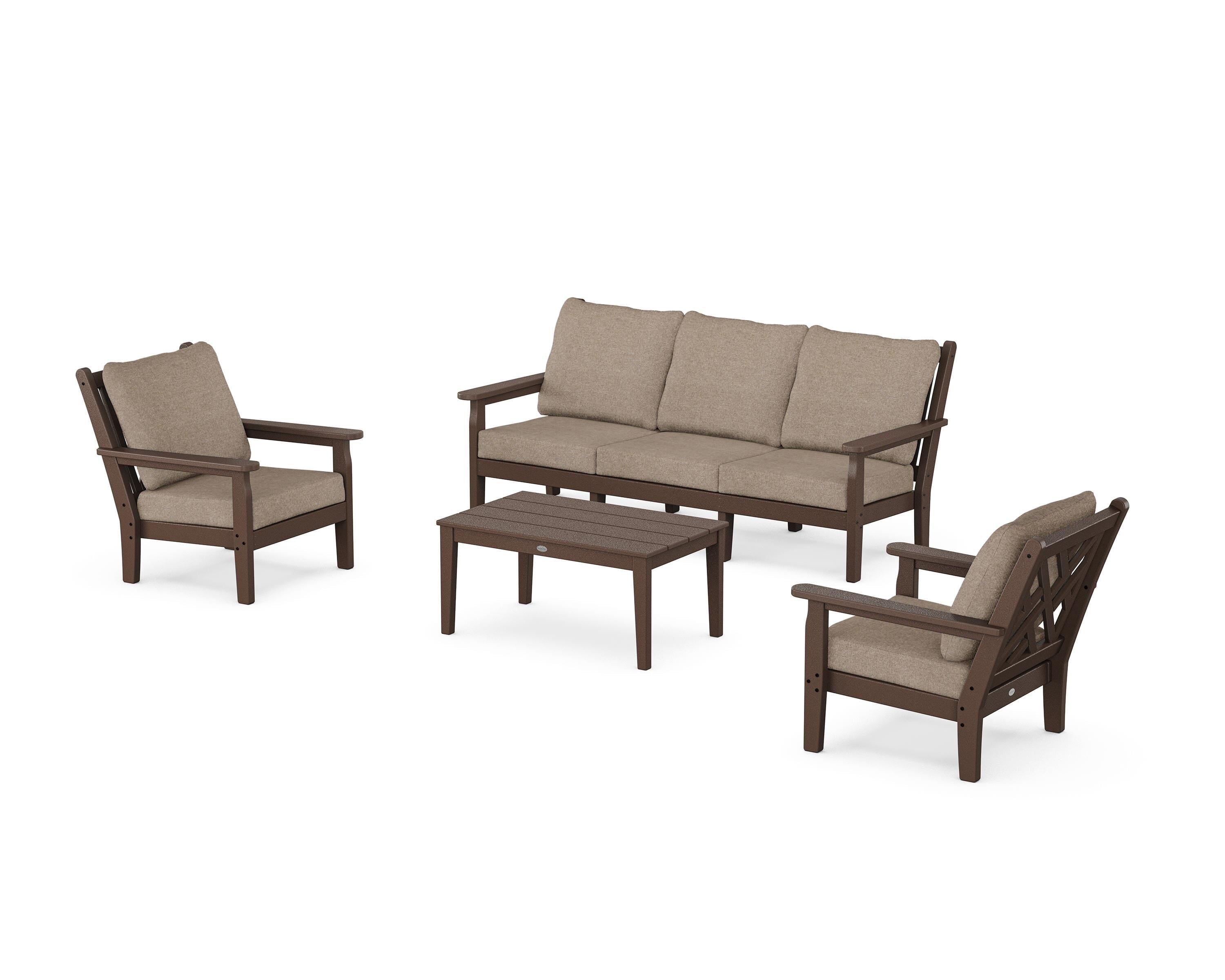 POLYWOOD® Chippendale 4-Piece Deep Seating Set with Sofa in Mahogany / Spiced Burlap