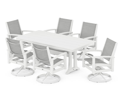 POLYWOOD® 7 Piece Coastal Swivel Rocker Dining Set in Satin White / White / Metallic Sling