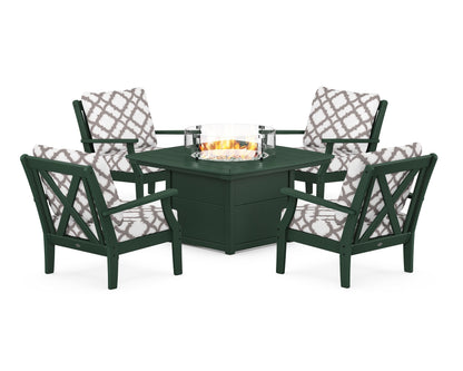 POLYWOOD® Braxton 5-Piece Deep Seating Conversation Set with Fire Pit Table in Green / Trellis Grey Mist
