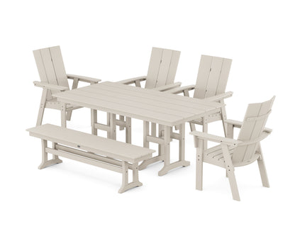 POLYWOOD® Modern Curveback Adirondack 6-Piece Farmhouse Dining Set with Bench in Sand