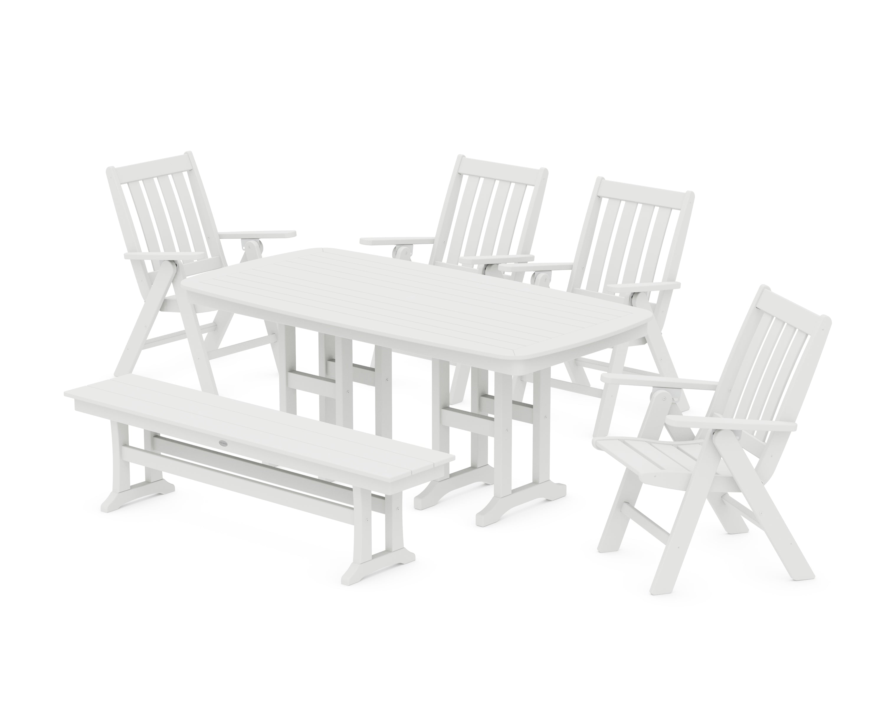 POLYWOOD® Vineyard Folding Chair 6-Piece Dining Set with Bench in White