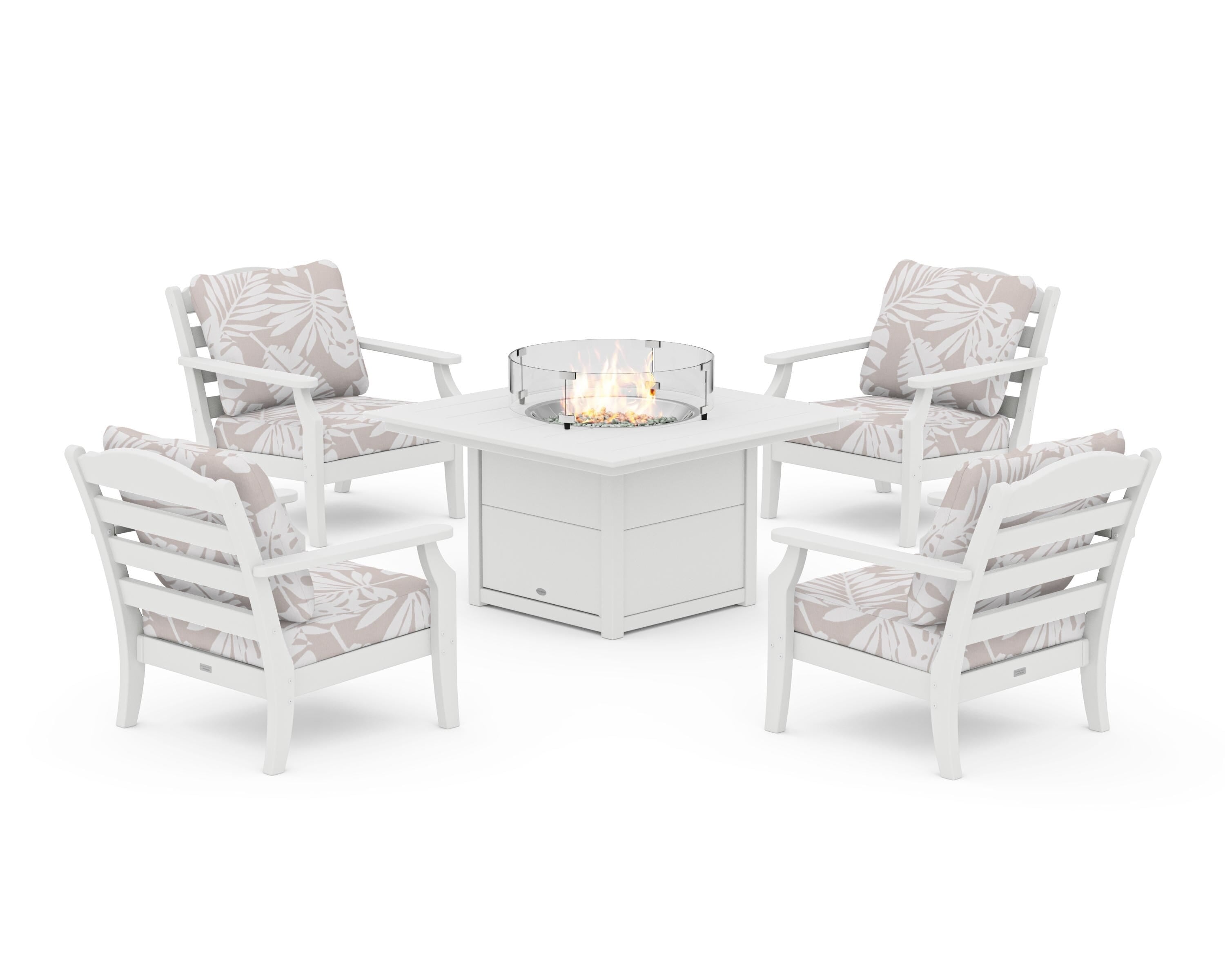 Draper James™ by  POLYWOOD® Savannah 5-Piece Deep Seating Set with Fire Pit Table in White / Leaf Dune Burlap