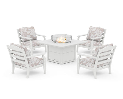 Draper James™ by  POLYWOOD® Savannah 5-Piece Deep Seating Set with Fire Pit Table in White / Leaf Dune Burlap