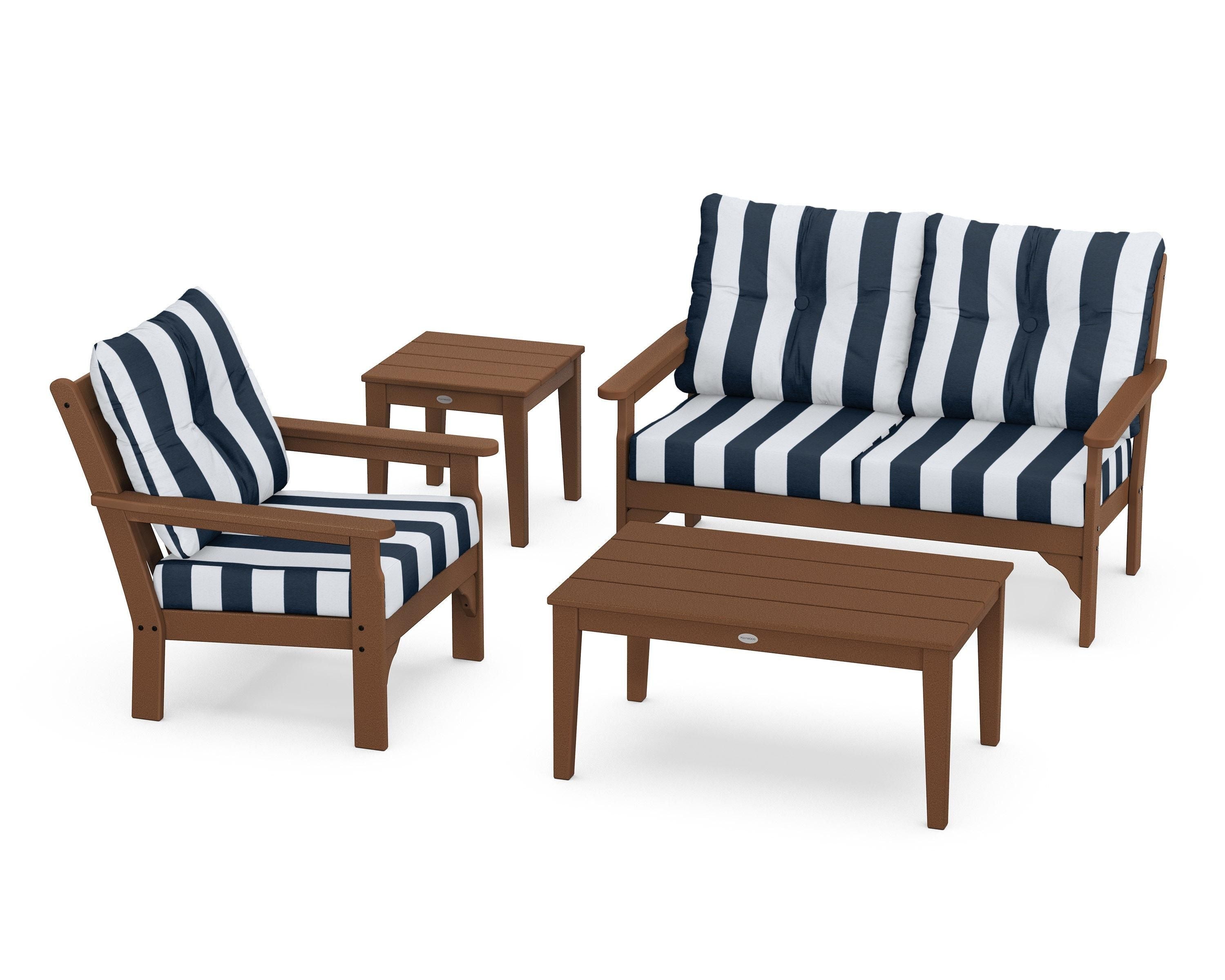 POLYWOOD® Vineyard 4-Piece Deep Seating Set in Teak / Cabana Stripe Marine Indigo