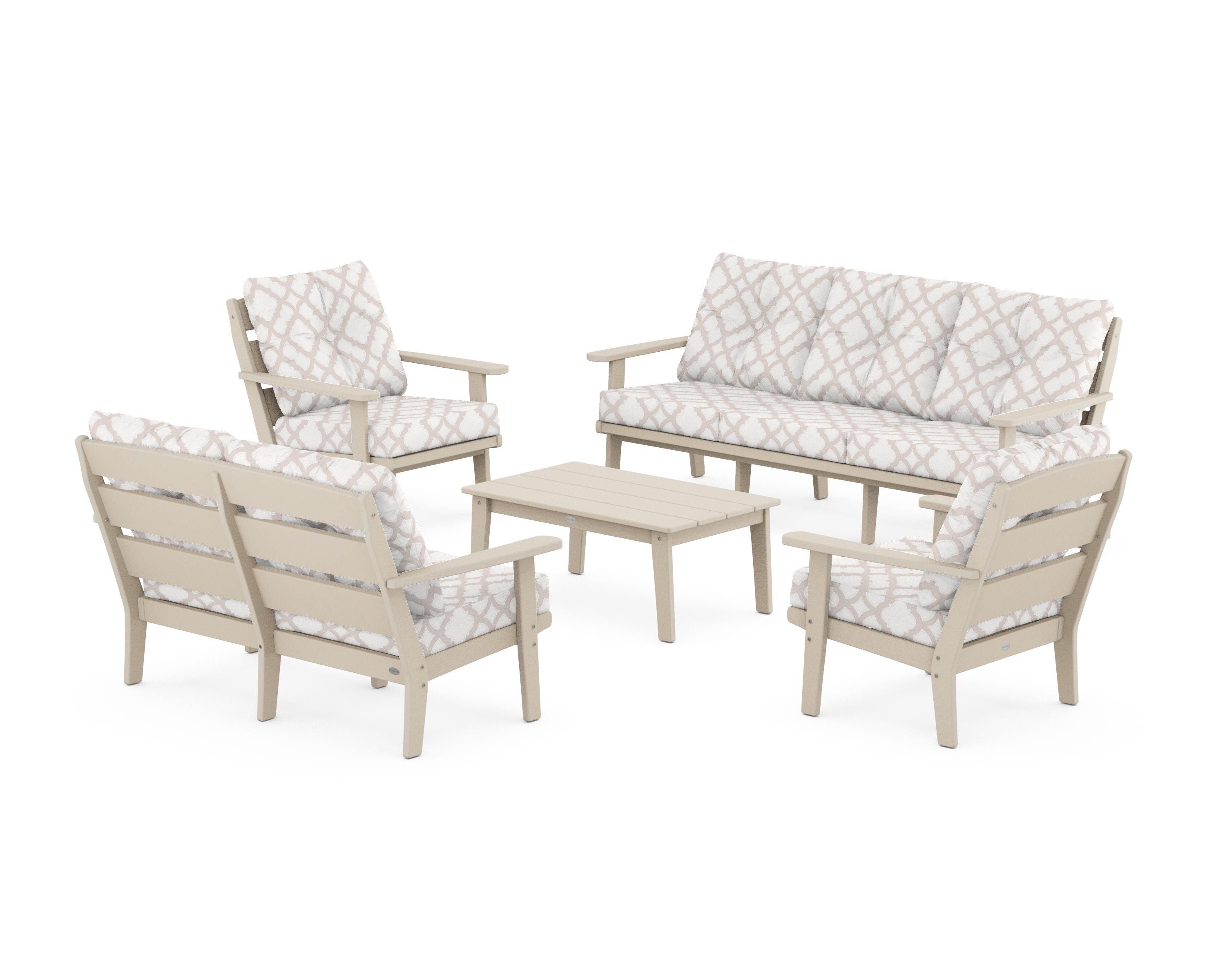 POLYWOOD® Lakeside 5-Piece Lounge Sofa Set in Sand / Trellis Dune Burlap