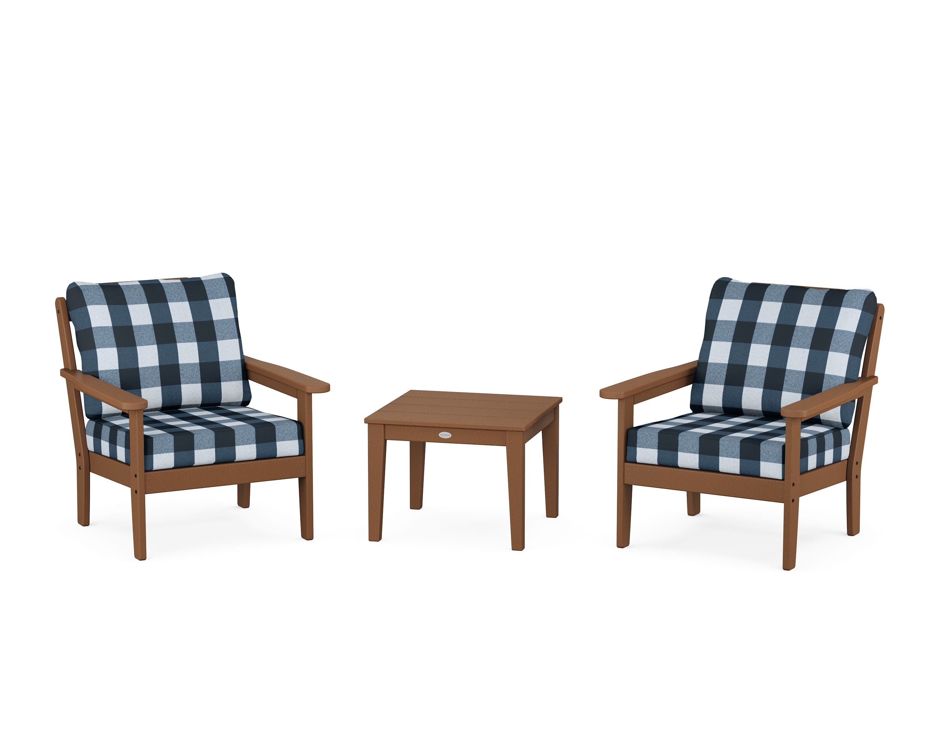 Country Living Cottage 3-Piece Deep Seating Set in Teak / Buffalo Plaid Marine Indigo