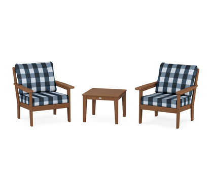 Country Living Cottage 3-Piece Deep Seating Set in Teak / Buffalo Plaid Marine Indigo