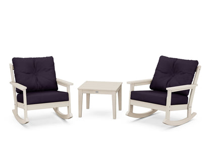 POLYWOOD® Vineyard 3-Piece Deep Seating Rocker Set in Sand / Navy Linen