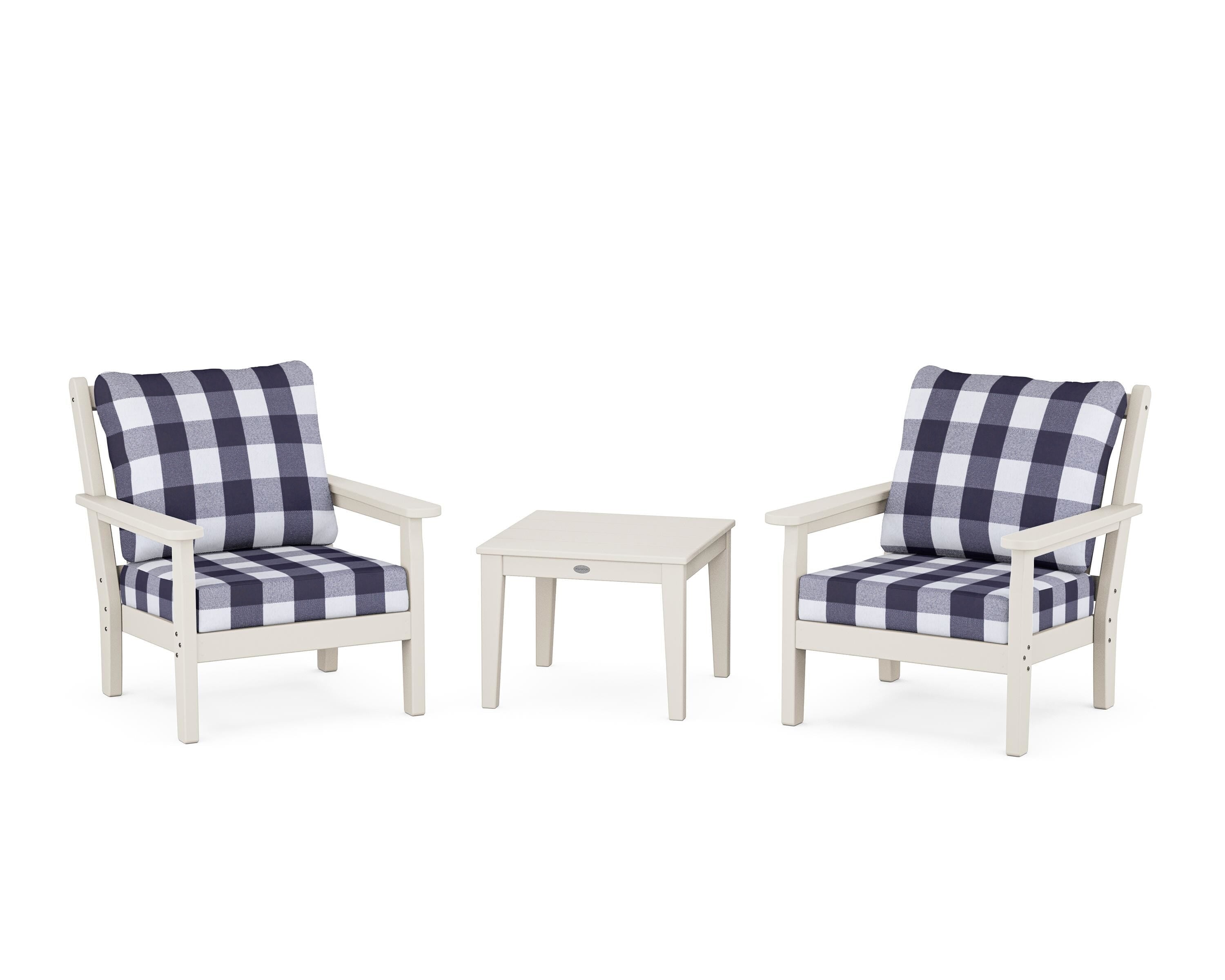 POLYWOOD® Chippendale 3-Piece Deep Seating Set in Sand / Buffalo Plaid Navy