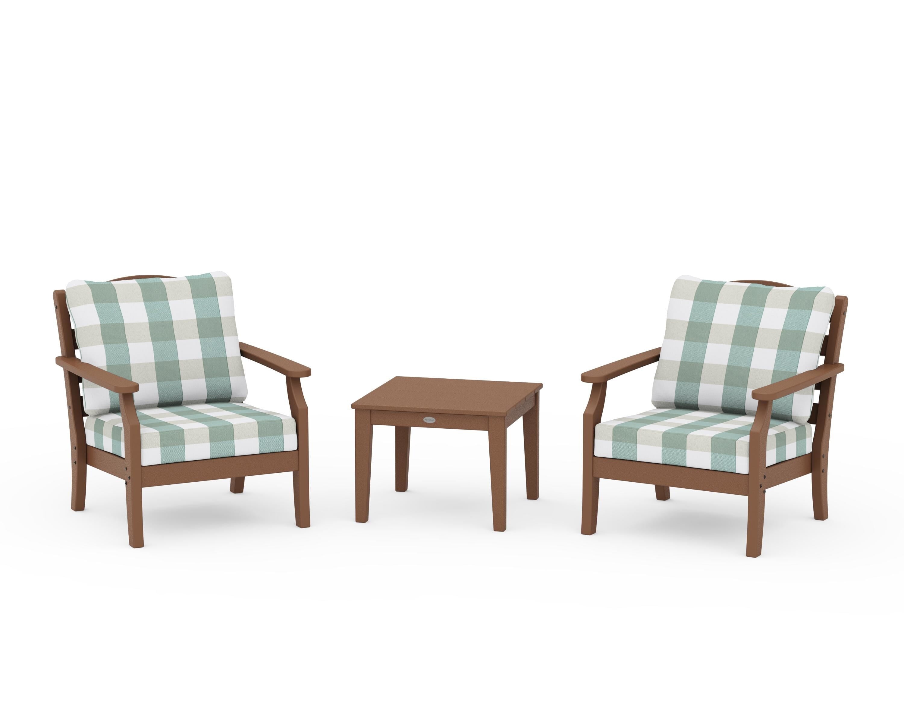Draper James™ by  POLYWOOD® Savannah 3-Piece Deep Seating Set in Teak / Buffalo Plaid Glacier Spa
