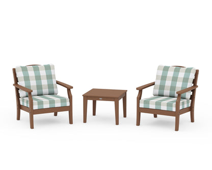 Draper James™ by  POLYWOOD® Savannah 3-Piece Deep Seating Set in Teak / Buffalo Plaid Glacier Spa