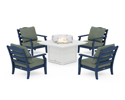 Draper James™ by  POLYWOOD® Savannah 5-Piece Deep Seating Set with Fire Pit Table in Navy / Cast Sage