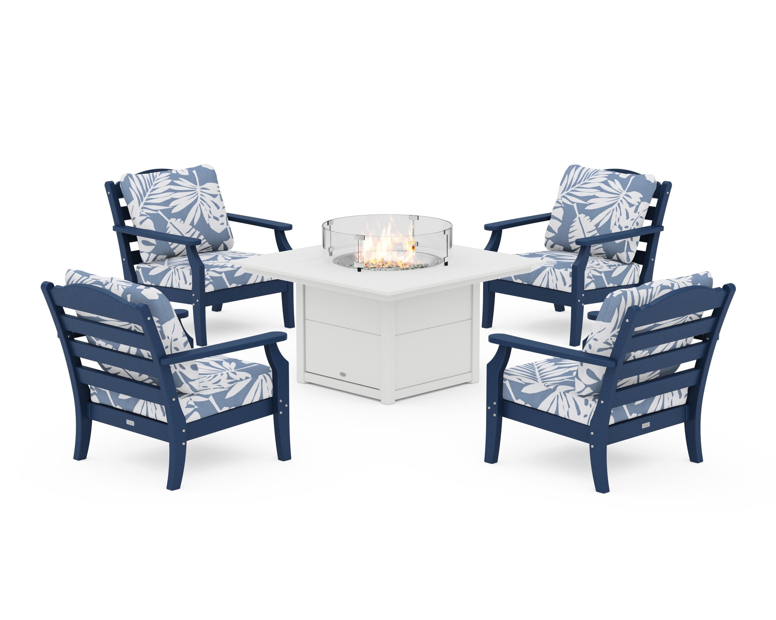 Draper James™ by  POLYWOOD® Savannah 5-Piece Deep Seating Set with Fire Pit Table in Navy / Leaf Sky Blue