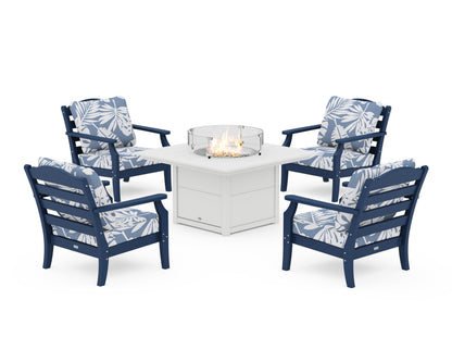 Draper James™ by  POLYWOOD® Savannah 5-Piece Deep Seating Set with Fire Pit Table in Navy / Leaf Sky Blue