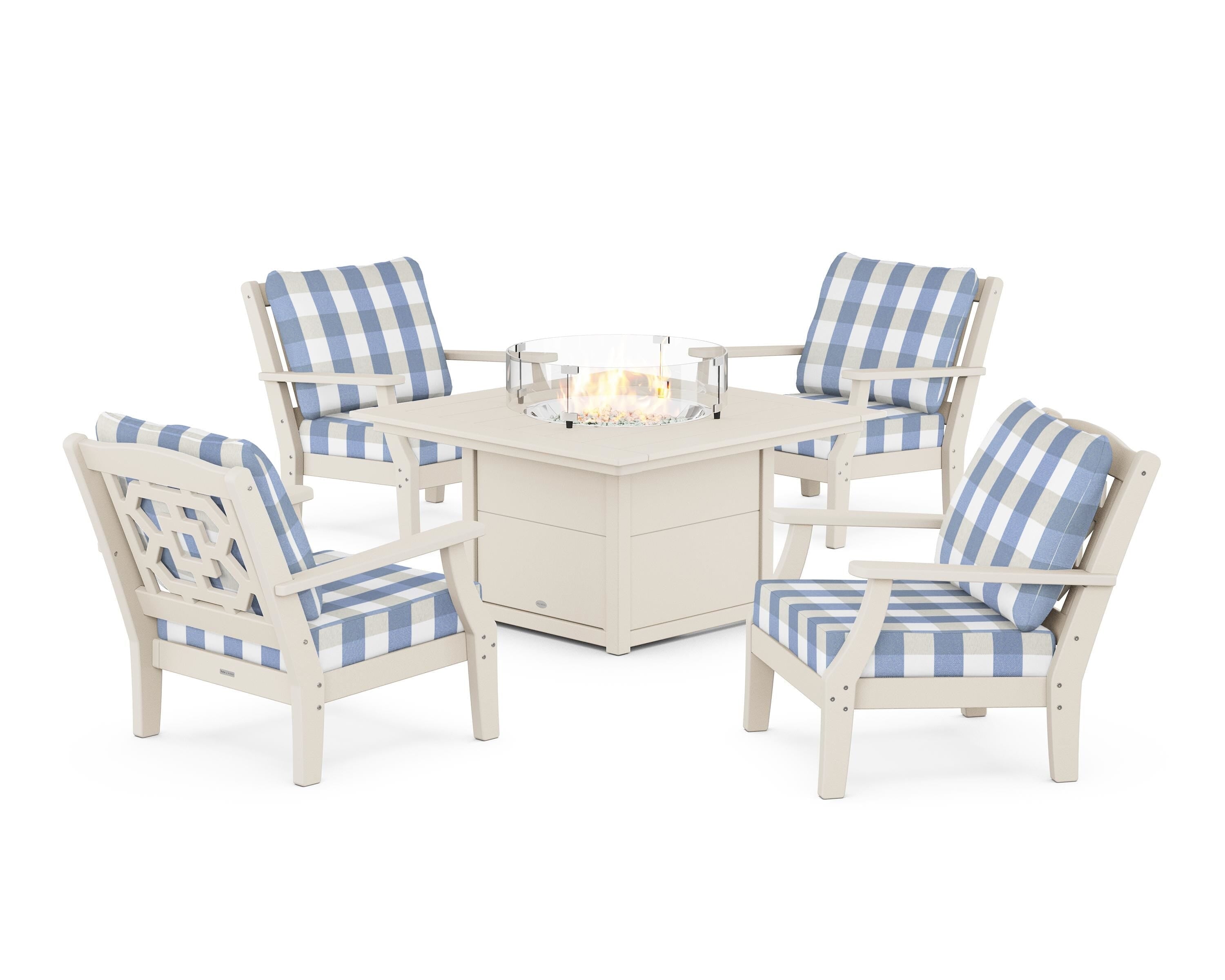 Martha Stewart by POLYWOOD® Chinoiserie 5-Piece Deep Seating Set with Fire Pit Table in Sand / Buffalo Plaid Sky Blue