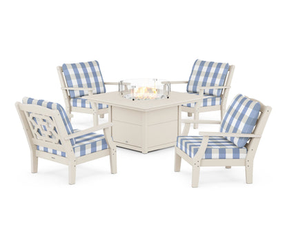 Martha Stewart by POLYWOOD® Chinoiserie 5-Piece Deep Seating Set with Fire Pit Table in Sand / Buffalo Plaid Sky Blue