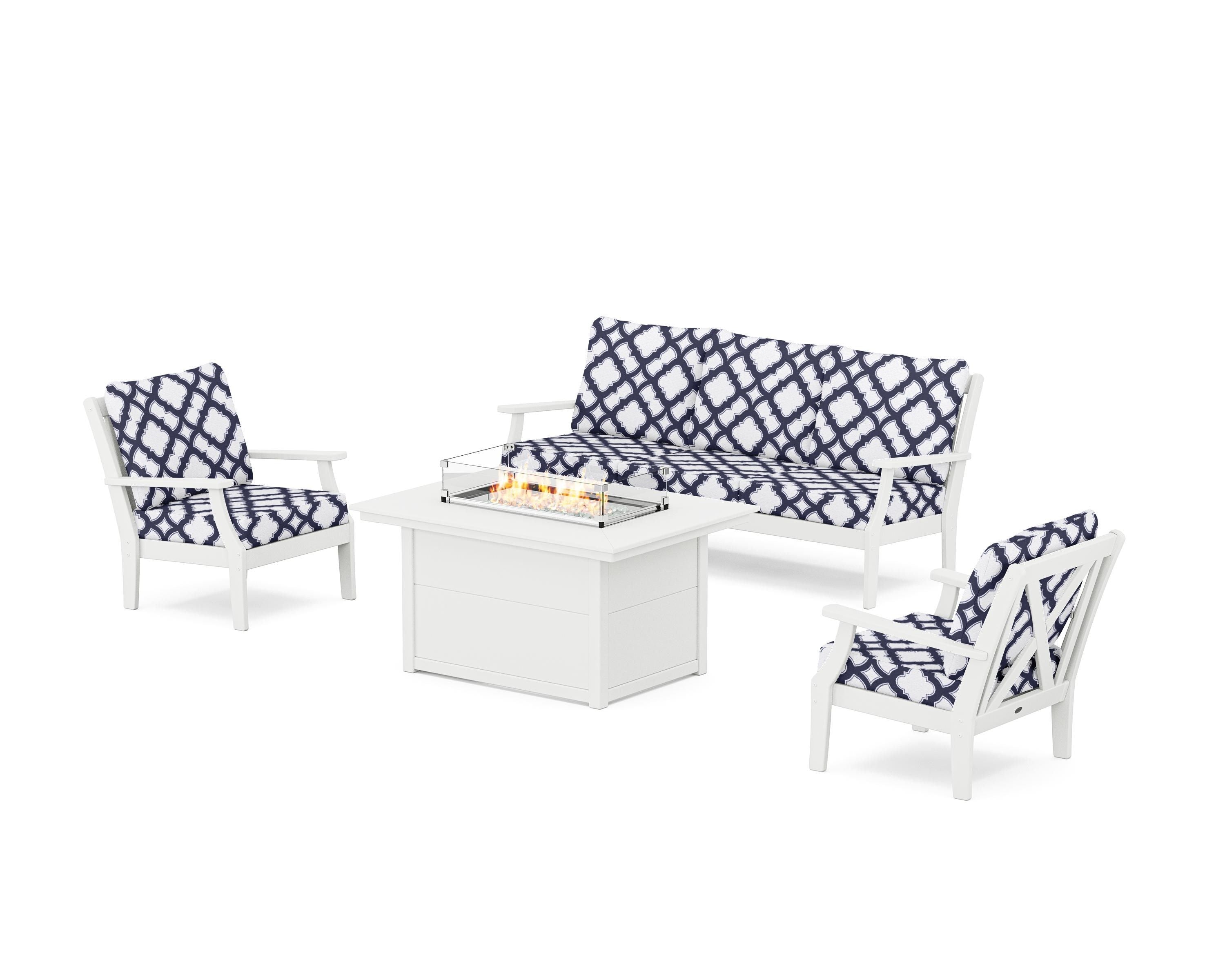 POLYWOOD® Braxton Deep Seating Fire Pit Table Set in White / Trellis Navy
