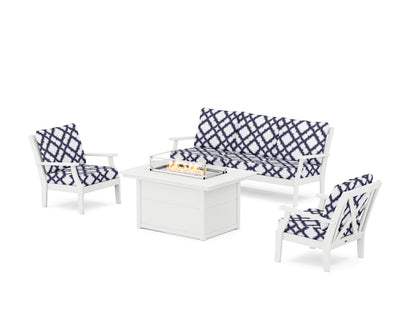 POLYWOOD® Braxton Deep Seating Fire Pit Table Set in White / Trellis Navy